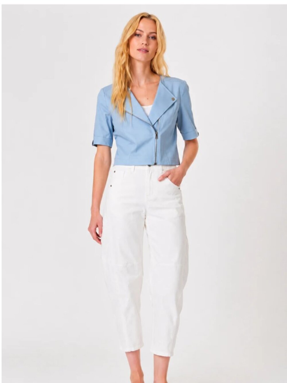 J. Society S/S Twill Faux Leather Cropped Moto Jacket in stone blue M